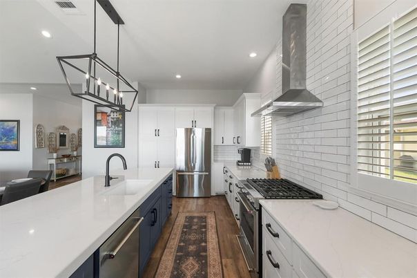 Interior, Kitchen, Pendant Lights, Recessed Lighting, Stainless Steel Appliances, Wood Texture Flooring