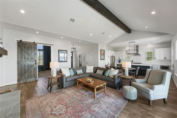 Interior, Kitchen, Living room, Pendant Lights, Recessed Lighting, Stainless Steel Appliances, Wooden Beams, Wood Texture Flooring