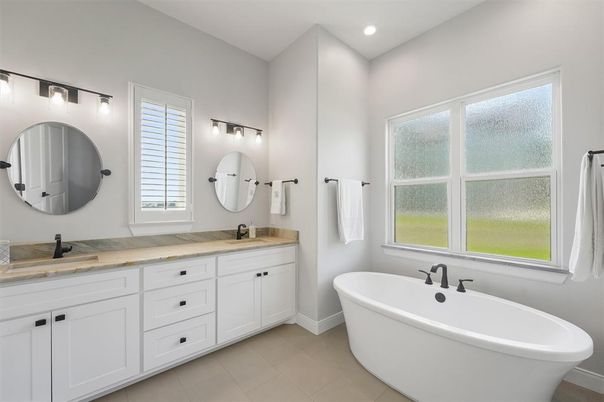 Bathroom, Dual Sink Vanities, Free Standing Baths, Interior, Recessed Lighting