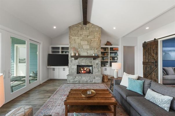 Fireplace, Interior, Living room, Recessed Lighting, Stone Walls, Wooden Beams, Wood Texture Flooring