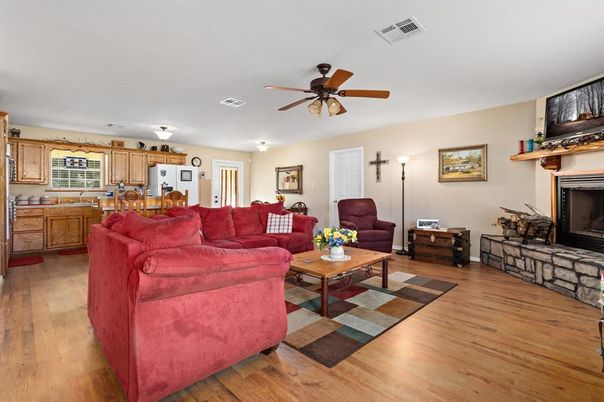 Fireplace, Interior, Kitchen, Living room, Wood Texture Flooring