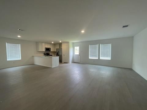Empty room, Interior, Kitchen, Recessed Lighting, Wood Texture Flooring