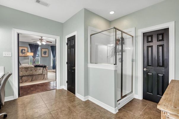 Bathroom, Bedroom, Glass Shower, Interior, Recessed Lighting, Wood Texture Flooring