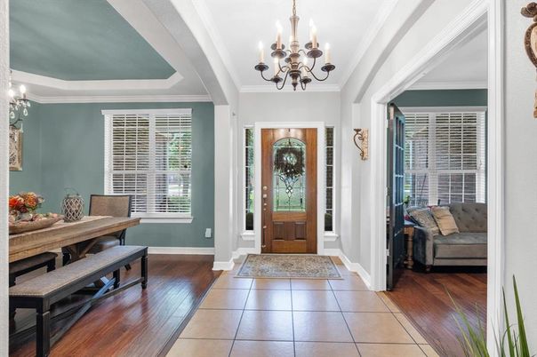 Chandelier, Dining room, Interior, Wood Texture Flooring