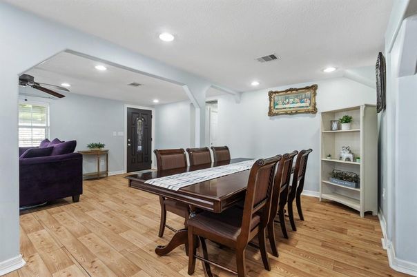 Dining room, Interior, Recessed Lighting, Wood Texture Flooring
