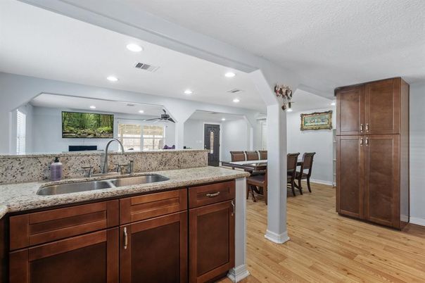 Dining room, Interior, Kitchen, Recessed Lighting, Wood Texture Flooring