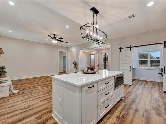 Chandelier, Interior, Kitchen, Pendant Lights, Recessed Lighting, Wood Texture Flooring