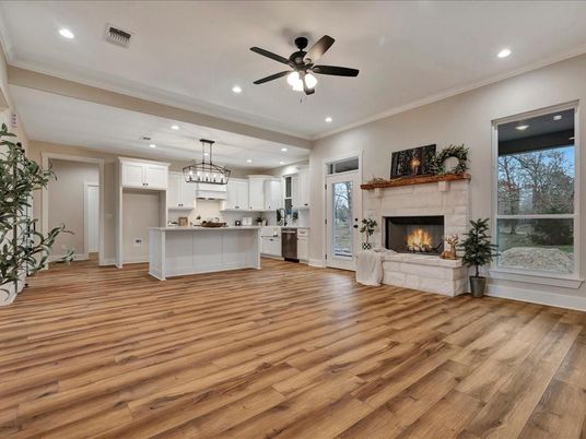 Chandelier, Fireplace, Interior, Kitchen, Pendant Lights, Recessed Lighting, Wood Texture Flooring