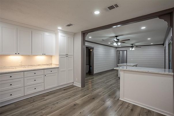 Interior, Kitchen, Recessed Lighting, Wood Texture Flooring