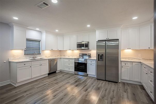 Interior, Kitchen, Recessed Lighting, Stainless Steel Appliances, Wood Texture Flooring