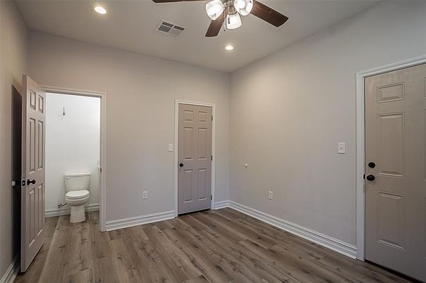 Bathroom, Empty room, Interior, Recessed Lighting, Wood Texture Flooring