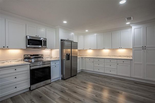 Interior, Kitchen, Recessed Lighting, Stainless Steel Appliances, Wood Texture Flooring