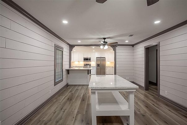 Interior, Kitchen, Recessed Lighting, Stainless Steel Appliances, Wood Texture Flooring