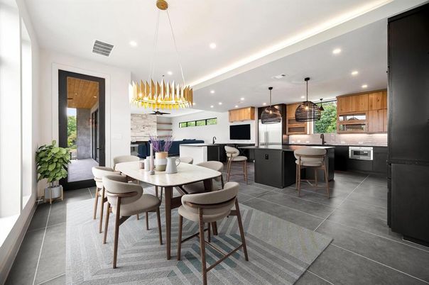 Dining room, Fireplace, Interior, Kitchen, Pendant Lights, Recessed Lighting, Stainless Steel Appliances