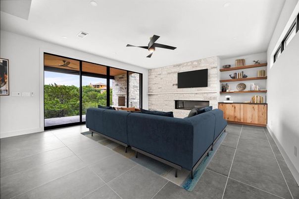 Fireplace, Interior, Living room, Recessed Lighting, Stone Walls