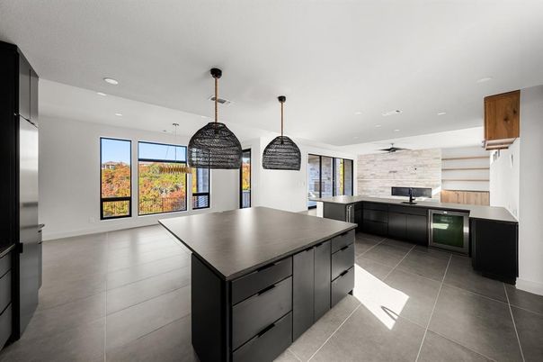 Interior, Kitchen, Pendant Lights, Recessed Lighting, Stone Walls