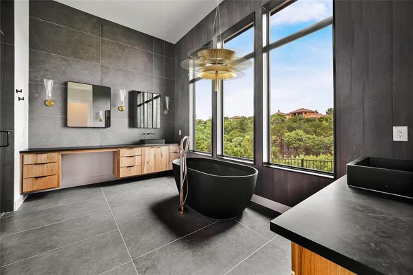 Bathroom, Dual Sink Vanities, Free Standing Baths, Interior, Pendant Lights