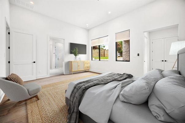 Bedroom, Interior, Recessed Lighting, Wood Texture Flooring