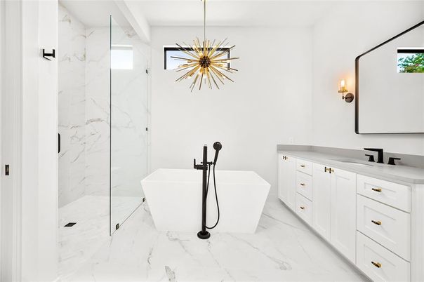 Bathroom, Dual Sink Vanities, Free Standing Baths, Glass Shower, Interior, Marble, Marble Walls, Pendant Lights