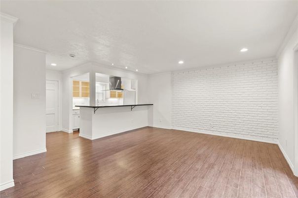 Empty room, Interior, Kitchen, Recessed Lighting, Wood Texture Flooring