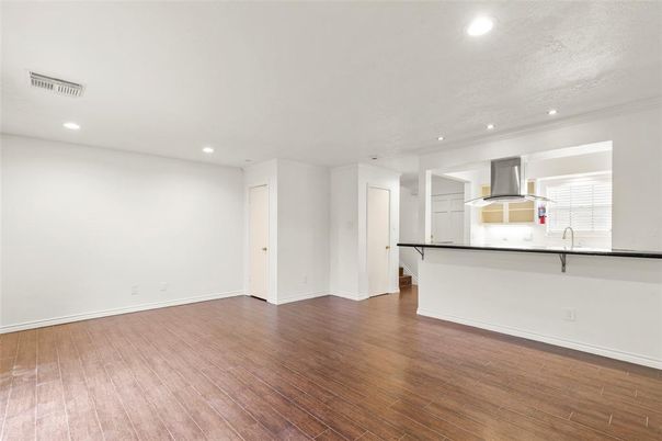Empty room, Interior, Kitchen, Recessed Lighting, Wood Texture Flooring