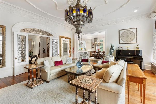 Chandelier, Dining room, Interior, Living room, Piano, Recessed Lighting, Wood Texture Flooring