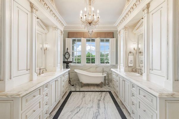 Bathroom, Chandelier, Dual Sink Vanities, Free Standing Baths, Interior, Marble