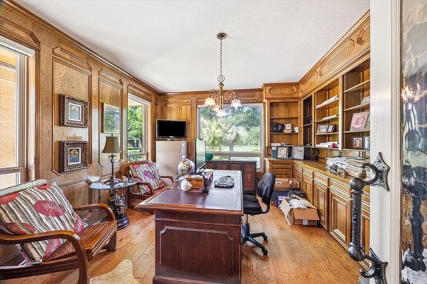 Home Office, Interior, Pendant Lights, Wood Texture Flooring, Wooden Walls