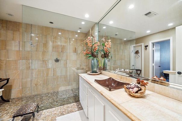 Bathroom, Glass Shower, Interior, Recessed Lighting, Tile Countertops