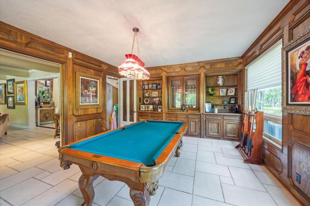 Billiard Table, Game Room, Interior, Pendant Lights, Wooden Walls