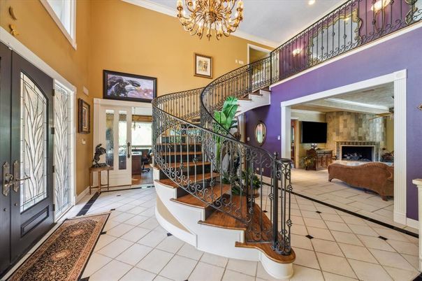 Chandelier, Fireplace, Interior