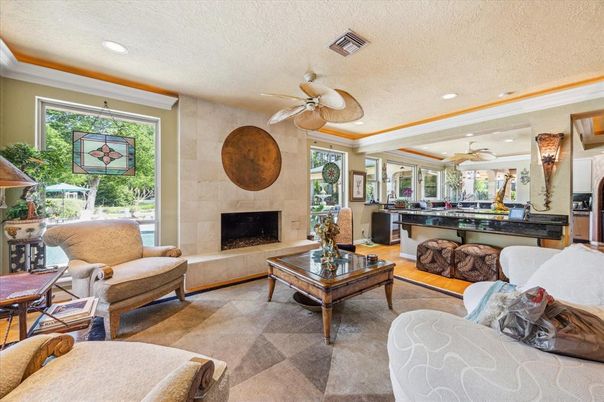 Fireplace, Interior, Living room, Recessed Lighting, Stone Walls