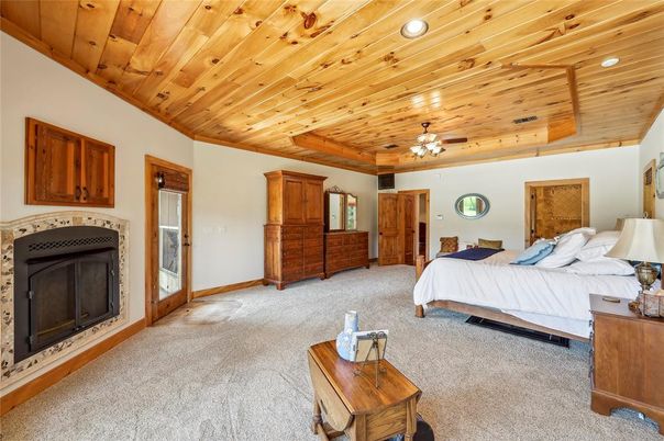 Bedroom, Fireplace, Interior, Recessed Lighting, Wooden Ceilings
