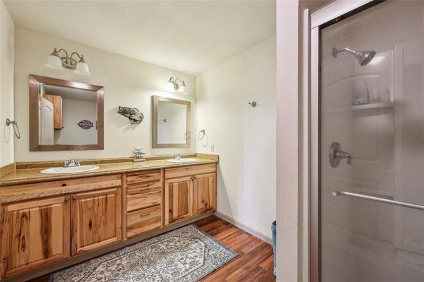 Bathroom, Dual Sink Vanities, Interior, Wood Texture Flooring