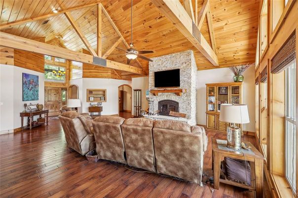 Fireplace, Interior, Living room, Stone Walls, Wooden Beams, Wooden Ceilings, Wood Texture Flooring, Wooden Walls