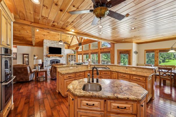 Dining room, Fireplace, Interior, Kitchen, Living room, Recessed Lighting, Stone Walls, Wooden Beams, Wooden Ceilings, Wood Texture Flooring