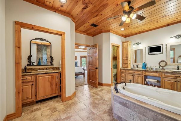 Bathroom, Dual Sink Vanities, Interior, Recessed Lighting, Wooden Ceilings