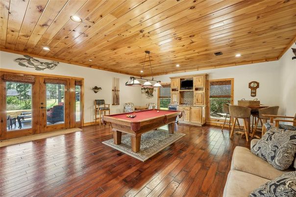 Billiard Table, Game Room, Interior, Pendant Lights, Recessed Lighting, Wooden Ceilings, Wood Texture Flooring