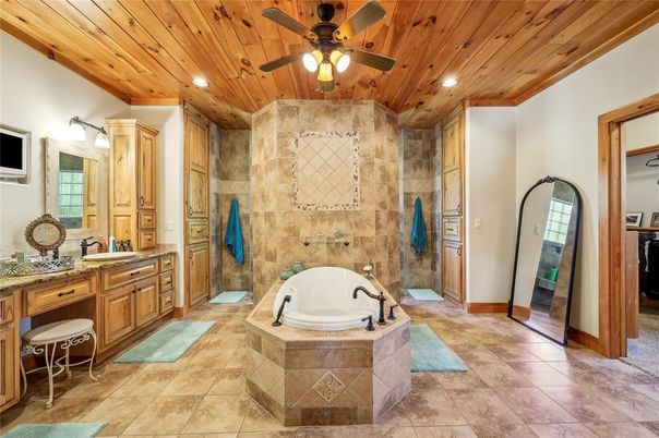 Bathroom, Dual Sink Vanities, Interior, Recessed Lighting, Wooden Ceilings