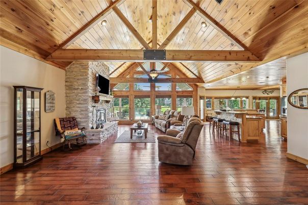 Fireplace, Interior, Kitchen, Living room, Stone Walls, Wooden Beams, Wooden Ceilings, Wood Texture Flooring