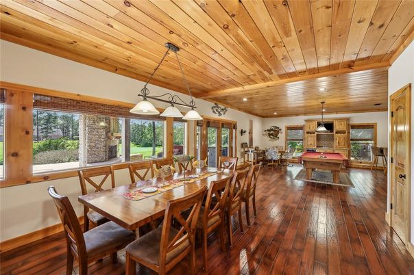 Billiard Table, Dining room, Interior, Pendant Lights, Recessed Lighting, Wooden Beams, Wooden Ceilings, Wood Texture Flooring