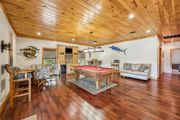 Billiard Table, Game Room, Interior, Pendant Lights, Recessed Lighting, Wooden Ceilings, Wood Texture Flooring