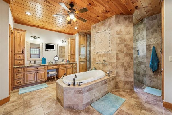 Bathroom, Dual Sink Vanities, Interior, Recessed Lighting, Wooden Ceilings