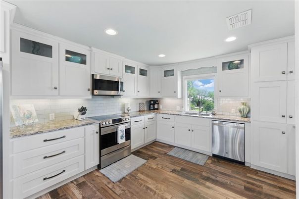 Interior, Kitchen, Recessed Lighting, Stainless Steel Appliances, Wood Texture Flooring