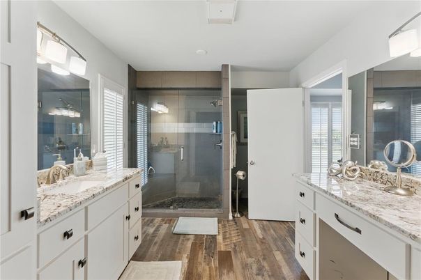 Bathroom, Dual Sink Vanities, Glass Shower, Interior, Wood Texture Flooring