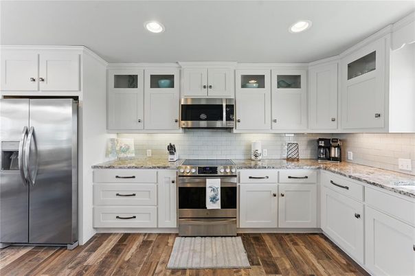 Interior, Kitchen, Recessed Lighting, Stainless Steel Appliances, Wood Texture Flooring