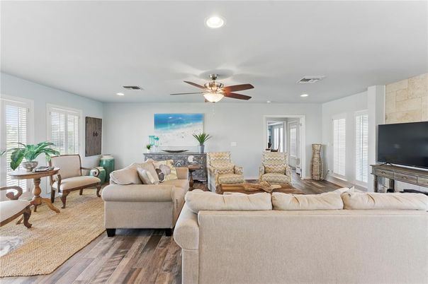 Interior, Living room, Recessed Lighting, Stone Walls, Wood Texture Flooring