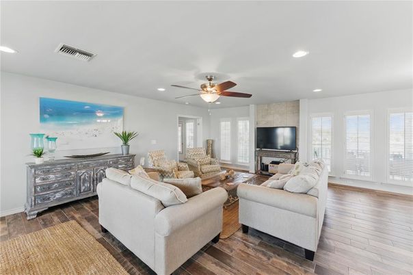 Fireplace, Interior, Living room, Recessed Lighting, Wood Texture Flooring