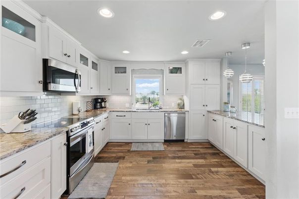 Interior, Kitchen, Pendant Lights, Recessed Lighting, Stainless Steel Appliances, Wood Texture Flooring