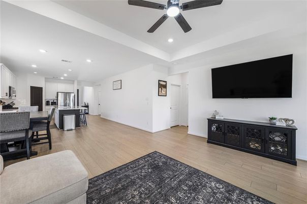Dining room, Interior, Kitchen, Recessed Lighting, Stainless Steel Appliances, Wood Texture Flooring